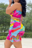 Rose Red Fashion Sexy Print Backless Spaghetti Strap Sleeveless Two Pieces