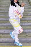 White Fashion Casual Print Basic Hooded Collar Long Sleeve Two Pieces