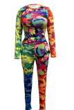 Colour Sexy Camouflage Print Patchwork O Neck Long Sleeve Two Pieces