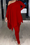 Red Fashion Casual Solid Asymmetrical Oblique Collar Long Sleeve Two Pieces
