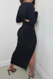 Black Fashion Sexy Solid Slit O Neck Long Sleeve Two Pieces