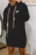 Black Casual Print Draw String Hooded Collar Straight Dresses