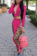 Rose Red Casual Print Patchwork Zipper Collar Long Sleeve Two Pieces