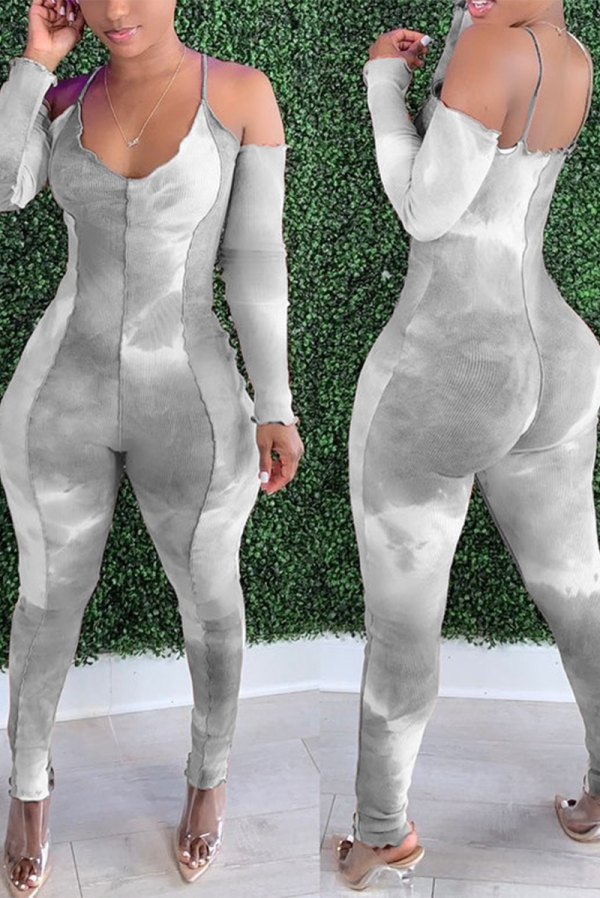 Grey Sexy Patchwork Tie-dye Spaghetti Strap Skinny Jumpsuits