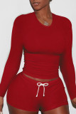 Red Casual Solid Patchwork O Neck Long Sleeve Two Pieces