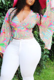 Multicolor Sweet Print Patchwork V Neck Tops