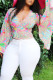 Multicolor Sweet Print Patchwork V Neck Tops