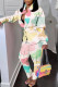Colour Fashion Casual Print Buttons Turndown Collar Long Sleeve Two Pieces
