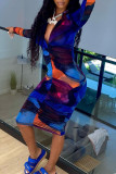 Multicolor Sexy Print Patchwork Fold Zipper Collar Long Sleeve Dresses