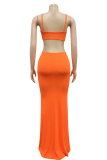Orange Sexy Solid Hollowed Out Halter Pencil Skirt Dresses