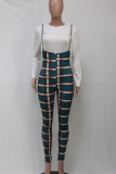 Tangerine Red Casual Plaid Print Patchwork O Neck Long Sleeve Two Pieces