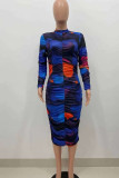 Multicolor Sexy Print Patchwork Fold Zipper Collar Long Sleeve Dresses