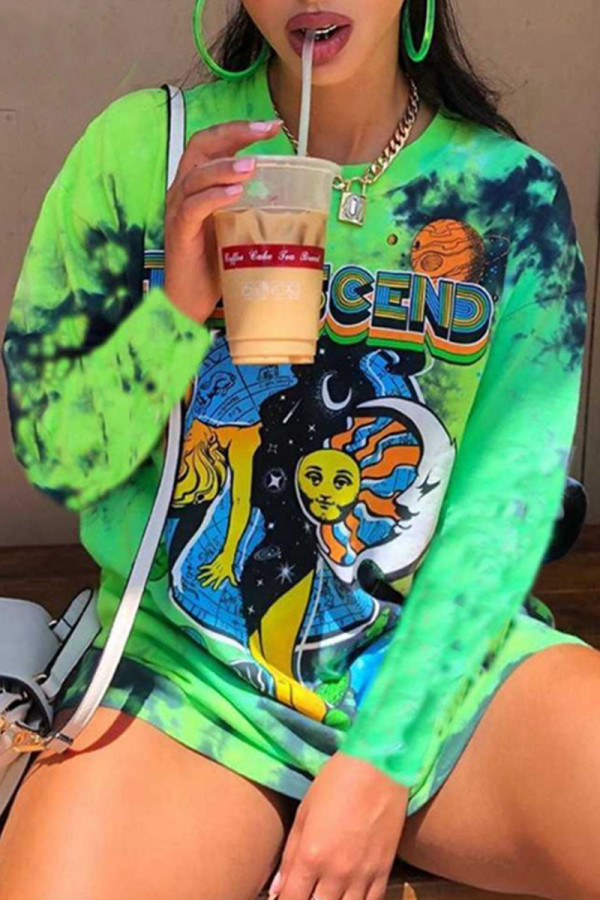 Green Street Print Tie Dye Patchwork O Neck Tops