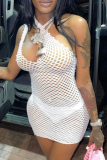 White Sexy Solid Mesh One Shoulder Pencil Skirt Dresses