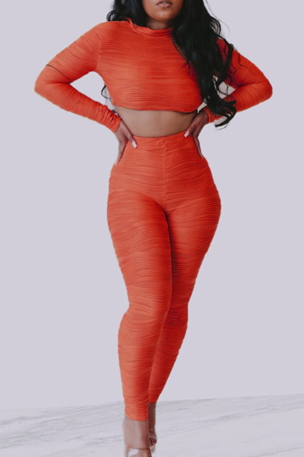 Orange Fashion Casual Solid Basic O Neck Long Sleeve Two Pieces