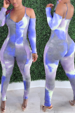 Pink Sexy Patchwork Tie-dye Spaghetti Strap Skinny Jumpsuits
