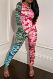 Colour Sexy Camouflage Print Patchwork O Neck Long Sleeve Two Pieces