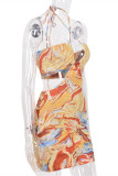 Yellow Fashion Sexy Print Bandage Backless Halter Sleeveless Dress