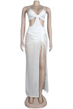 White Sexy Solid See-through Backless Spaghetti Strap Sleeveless Two Pieces