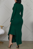Green Elegant Solid Split Joint Buttons Flounce Asymmetrical O Neck Straight Dresses