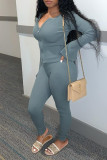 Gray Blue Fashion Casual Solid Basic Zipper Collar Long Sleeve Two Pieces pre-sale