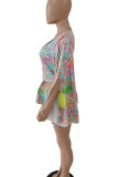 Multicolor Sweet Print Patchwork V Neck Tops