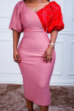 Pink Casual Solid Patchwork V Neck Pencil Skirt Dresses