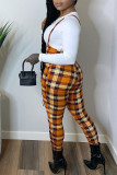 Tangerine Red Casual Plaid Print Patchwork O Neck Long Sleeve Two Pieces
