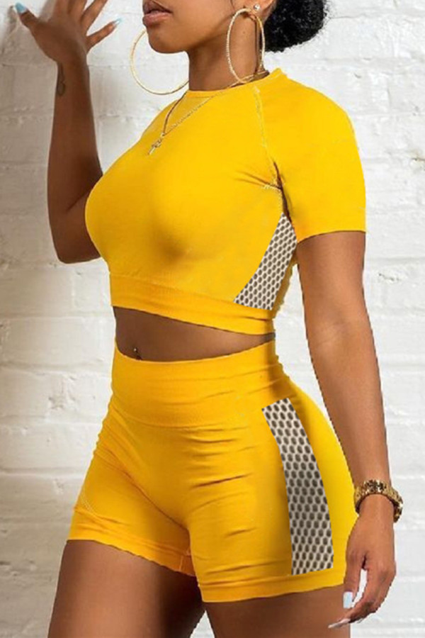 Yellow Casual Sportswear Solid Patchwork O Neck Short Sleeve Two Pieces