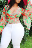 Multicolor Sweet Print Patchwork V Neck Tops