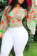 Red Sweet Print Patchwork V Neck Tops