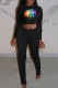 Black Casual Print Patchwork Fold O Neck Long Sleeve Two Pieces