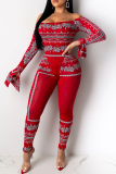 Red Sexy Print Patchwork Off the Shoulder Long Sleeve Two Pieces