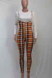 Tangerine Red Casual Plaid Print Patchwork O Neck Long Sleeve Two Pieces