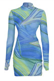 Blue Fashion Sexy Print Backless Half A Turtleneck Long Sleeve Dresses