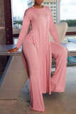 Pink Casual Solid Patchwork Slit O Neck Long Sleeve Two Pieces