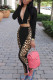 Black Casual Print Patchwork Zipper Collar Long Sleeve Two Pieces