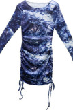 Blue Sexy Print Tie Dye Patchwork Draw String Fold O Neck Pencil Skirt Dresses