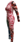 Colour Sexy Camouflage Print Patchwork O Neck Long Sleeve Two Pieces