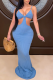Blue Sexy Solid Hollowed Out Halter Pencil Skirt Dresses