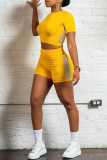 Yellow Casual Sportswear Solid Patchwork O Neck Short Sleeve Two Pieces