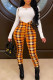 Tangerine Red Casual Plaid Print Patchwork O Neck Long Sleeve Two Pieces