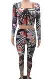 Multicolor Street Print Patchwork Square Collar Long Sleeve Two Pieces