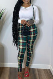 Tangerine Red Casual Plaid Print Patchwork O Neck Long Sleeve Two Pieces