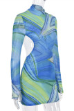 Blue Fashion Sexy Print Backless Half A Turtleneck Long Sleeve Dresses