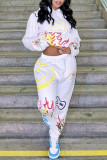 White Fashion Casual Print Basic Hooded Collar Long Sleeve Two Pieces