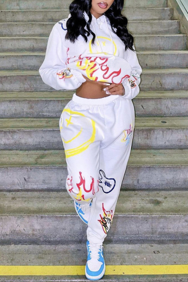 White Fashion Casual Print Basic Hooded Collar Long Sleeve Two Pieces