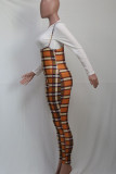Tangerine Red Casual Plaid Print Patchwork O Neck Long Sleeve Two Pieces