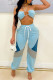 Sky Blue Sexy Casual Solid Patchwork Frenulum Backless Halter Sleeveless Two Pieces