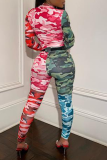 Colour Sexy Camouflage Print Patchwork O Neck Long Sleeve Two Pieces